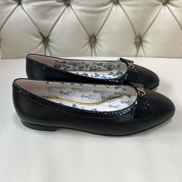 New in Box Gucci Black Leather Shoes Flats Ballerina 38 Python Bows - Picture 2 of 7